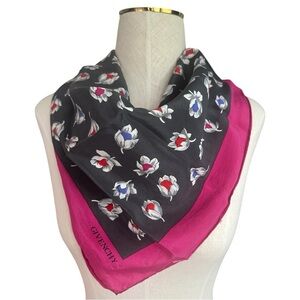 GIVENCHY 100% Silk Gorgeous Black Floral and Hot Pink Border 29” Scarf